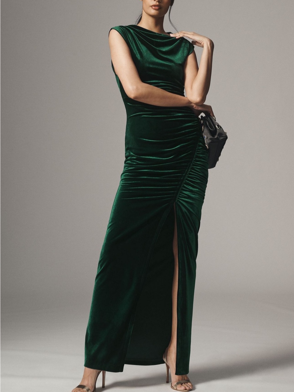 Anthropologie Emerald Green Velvet Ruched Maxi Dress